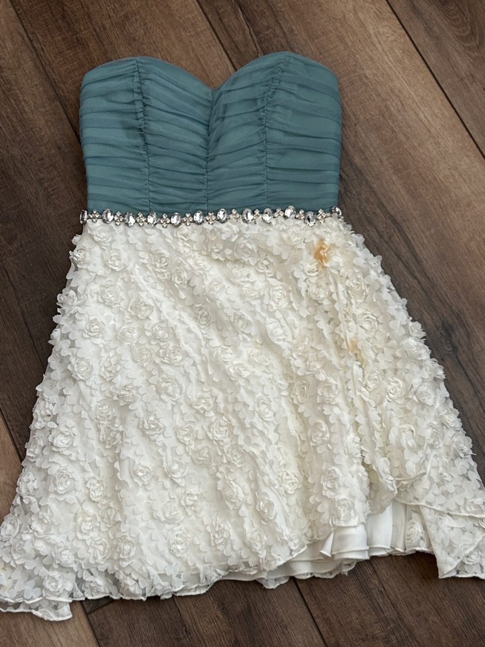 B Darlin Strapless Teal and Ivory Floral Party Dress